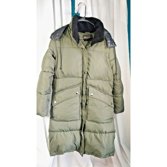 Womens Big Chill Long Puffer Coat W/Removable Hood Faux Fur Trim Medium Green - Picture 3 of 13